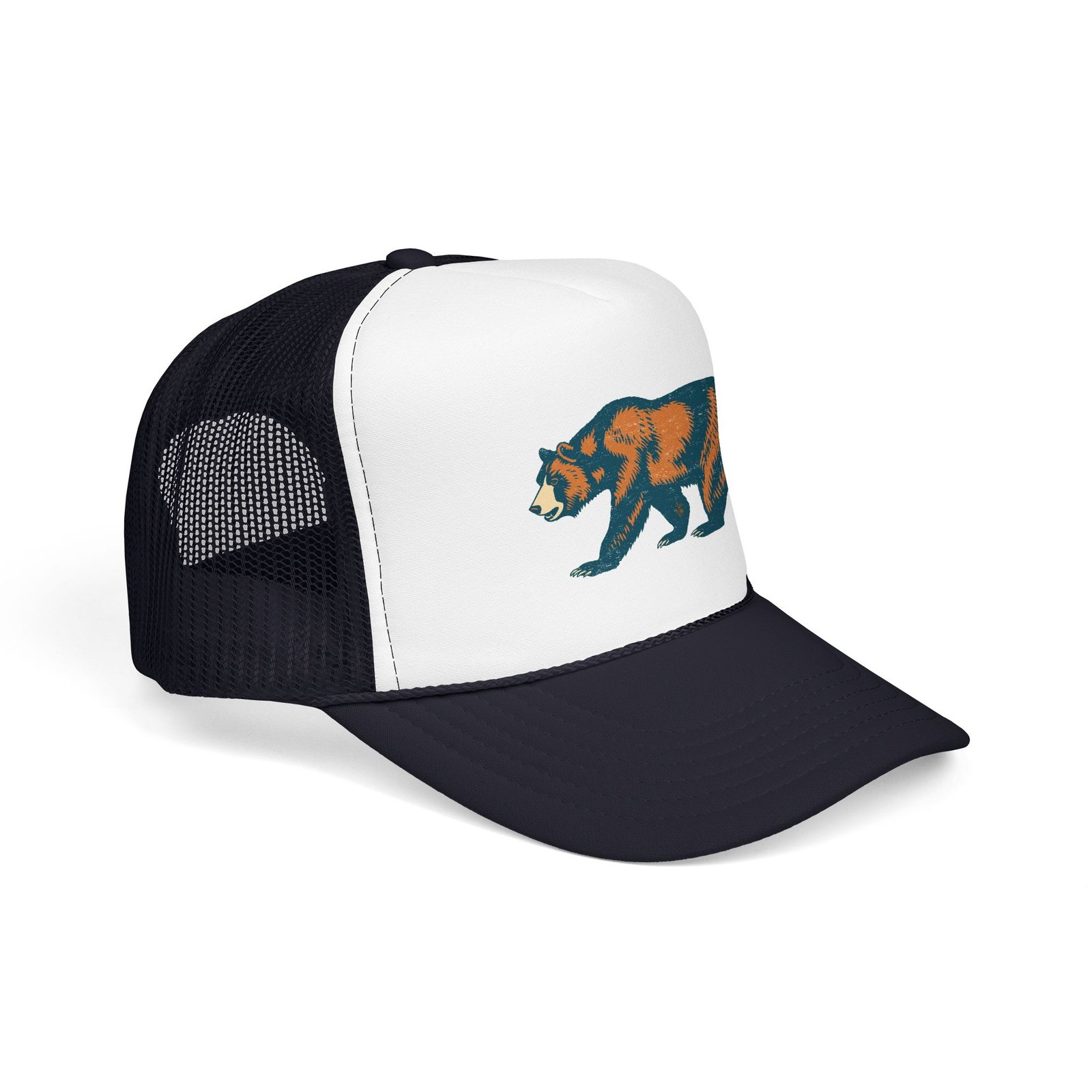 California Bear Trucker Hat — retro grizzly illustration in navy and orange