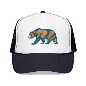 California Bear Trucker Hat — retro grizzly illustration in navy and orange