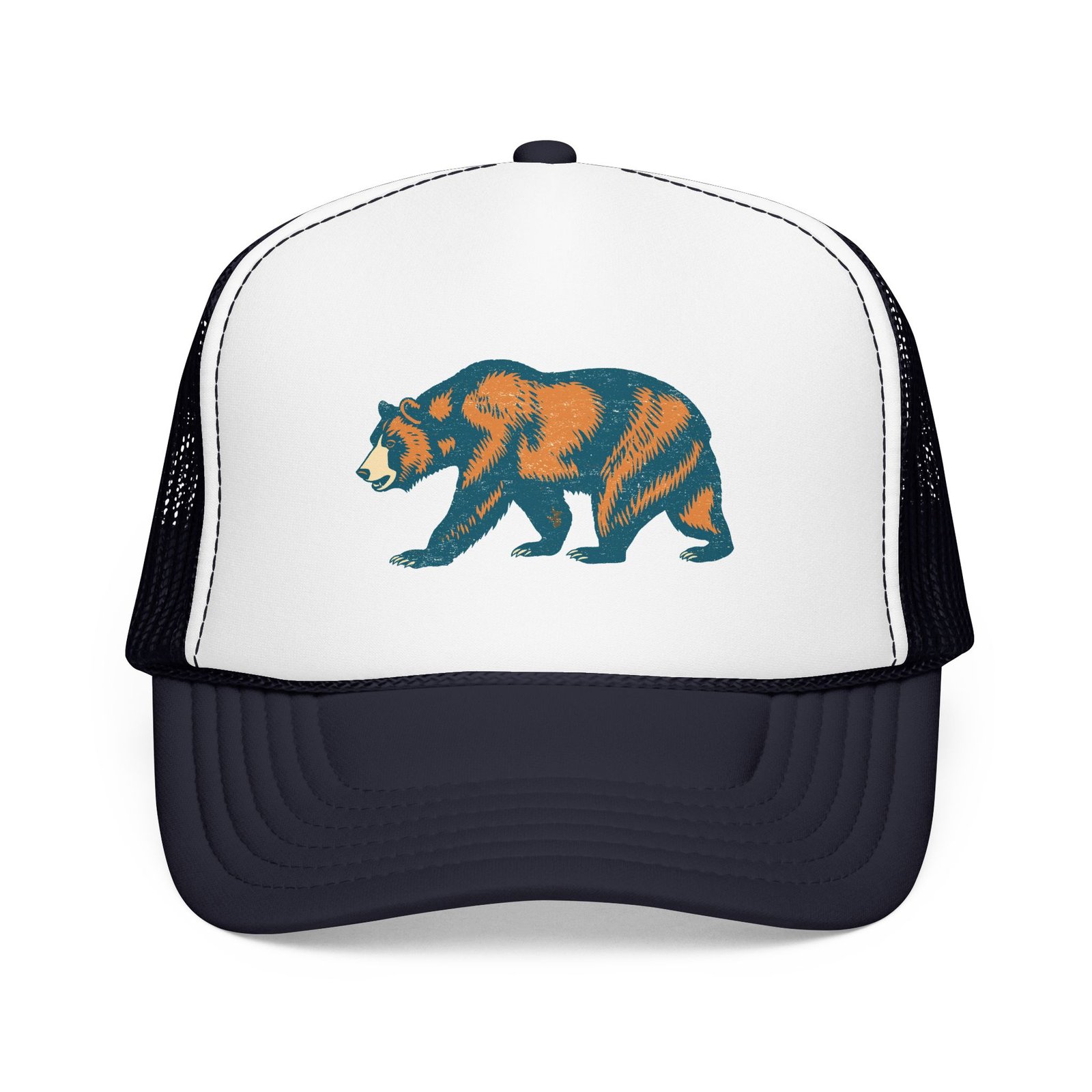 California Bear Trucker Hat — retro grizzly illustration in navy and orange