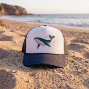 Pacific Whale Trucker Hat — gray whale illustration in navy and white, Leucadia Mercantile